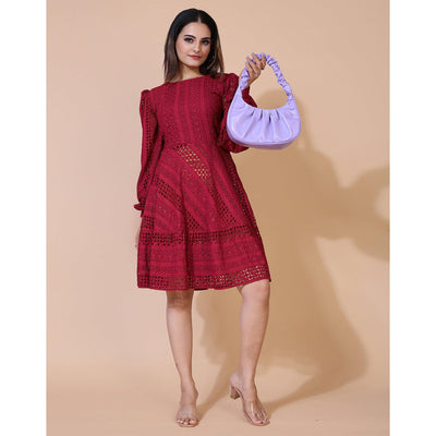 Maroon Lucknowi Chikankari Work Rayon Western Dress