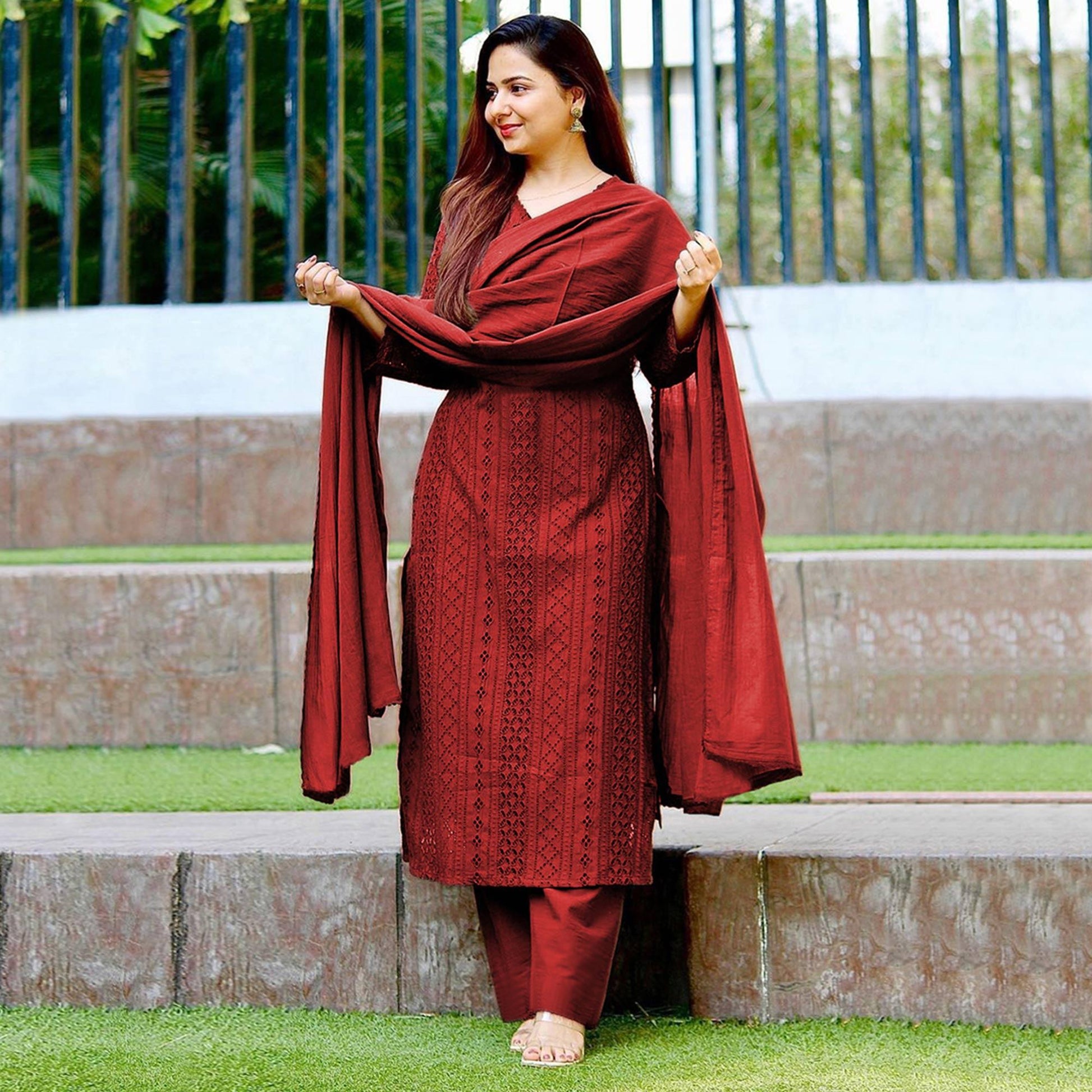 Maroon Lucknowi Embroidered Rayon Suit