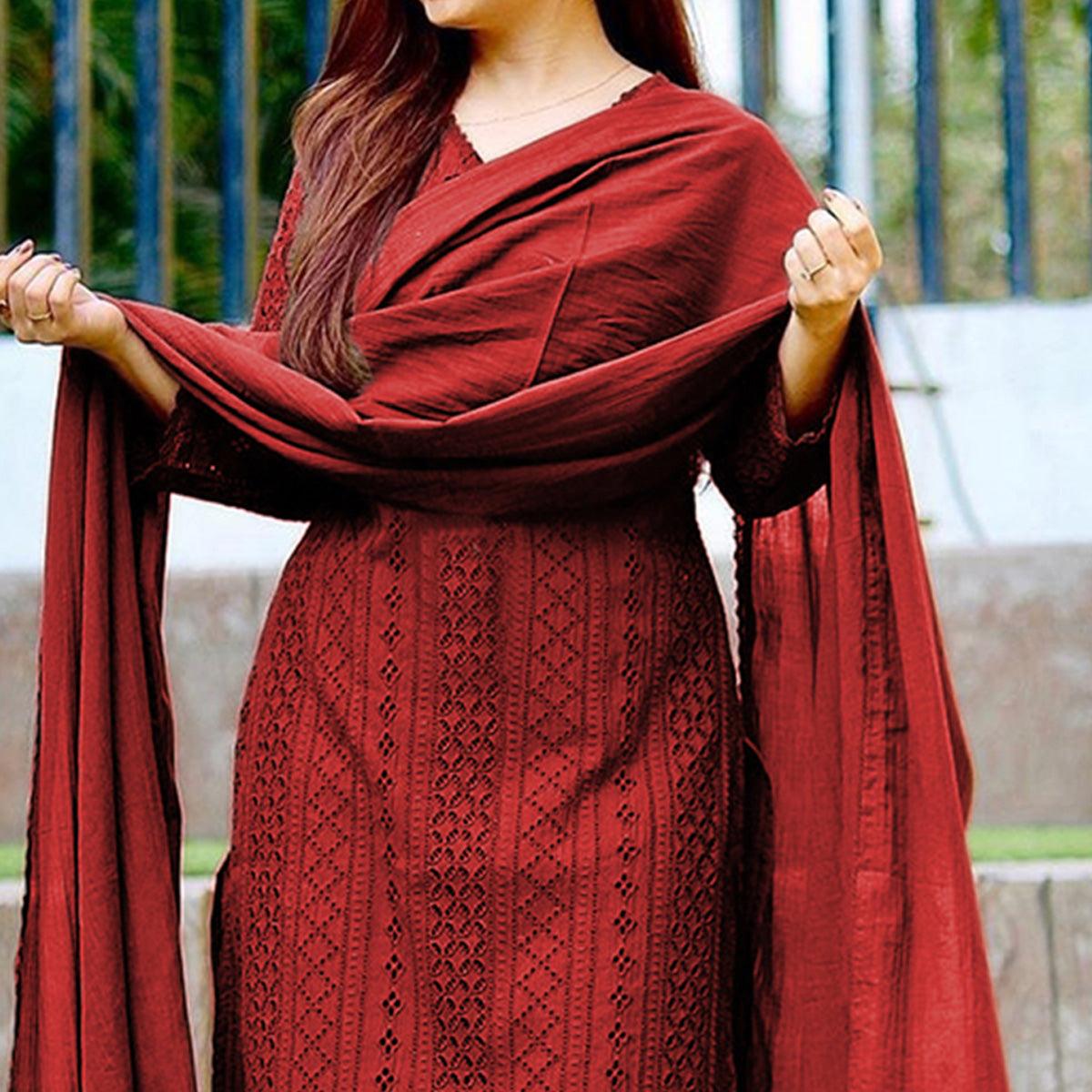 Maroon Lucknowi Embroidered Rayon Suit
