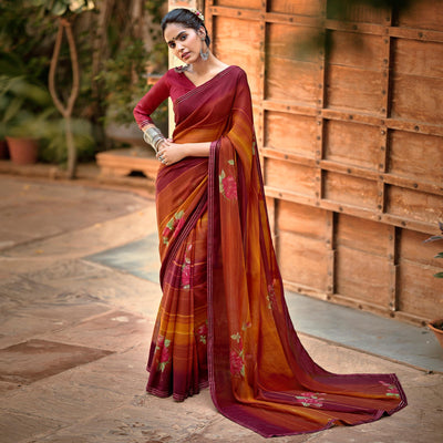 Maroon-Mustard Casual Wear Floral Printed Chiffon Saree With Fancy Blouse