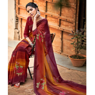 Maroon-Mustard Casual Wear Floral Printed Chiffon Saree With Fancy Blouse