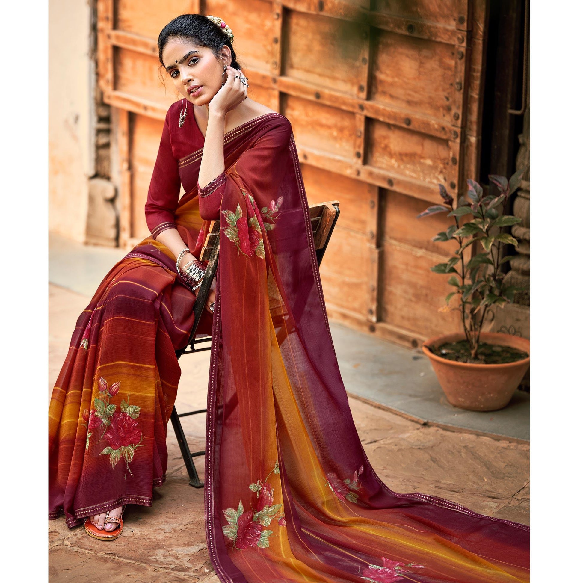 Maroon-Mustard Casual Wear Floral Printed Chiffon Saree With Fancy Blouse