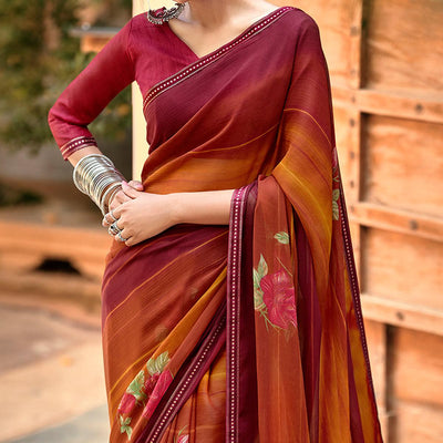 Maroon-Mustard Casual Wear Floral Printed Chiffon Saree With Fancy Blouse