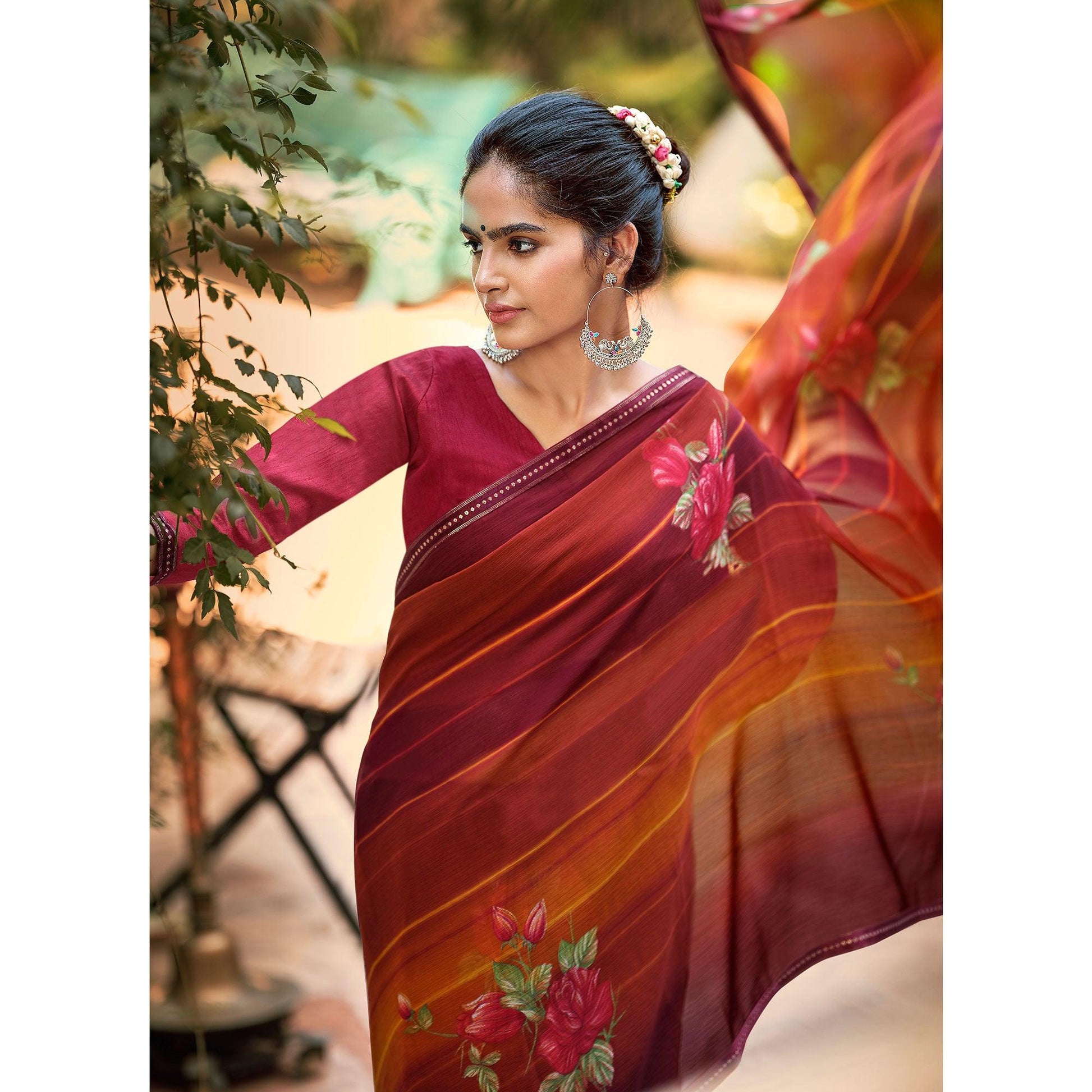 Maroon-Mustard Casual Wear Floral Printed Chiffon Saree With Fancy Blouse