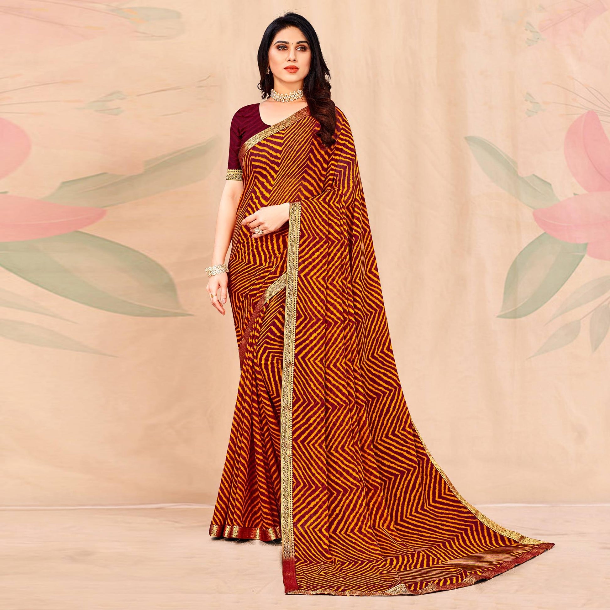 Maroon-Mustard Geometric Printed Chiffon Saree