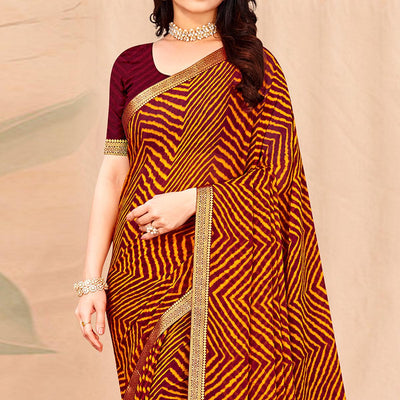 Maroon-Mustard Geometric Printed Chiffon Saree