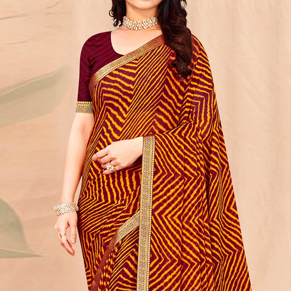 Maroon-Mustard Geometric Printed Chiffon Saree
