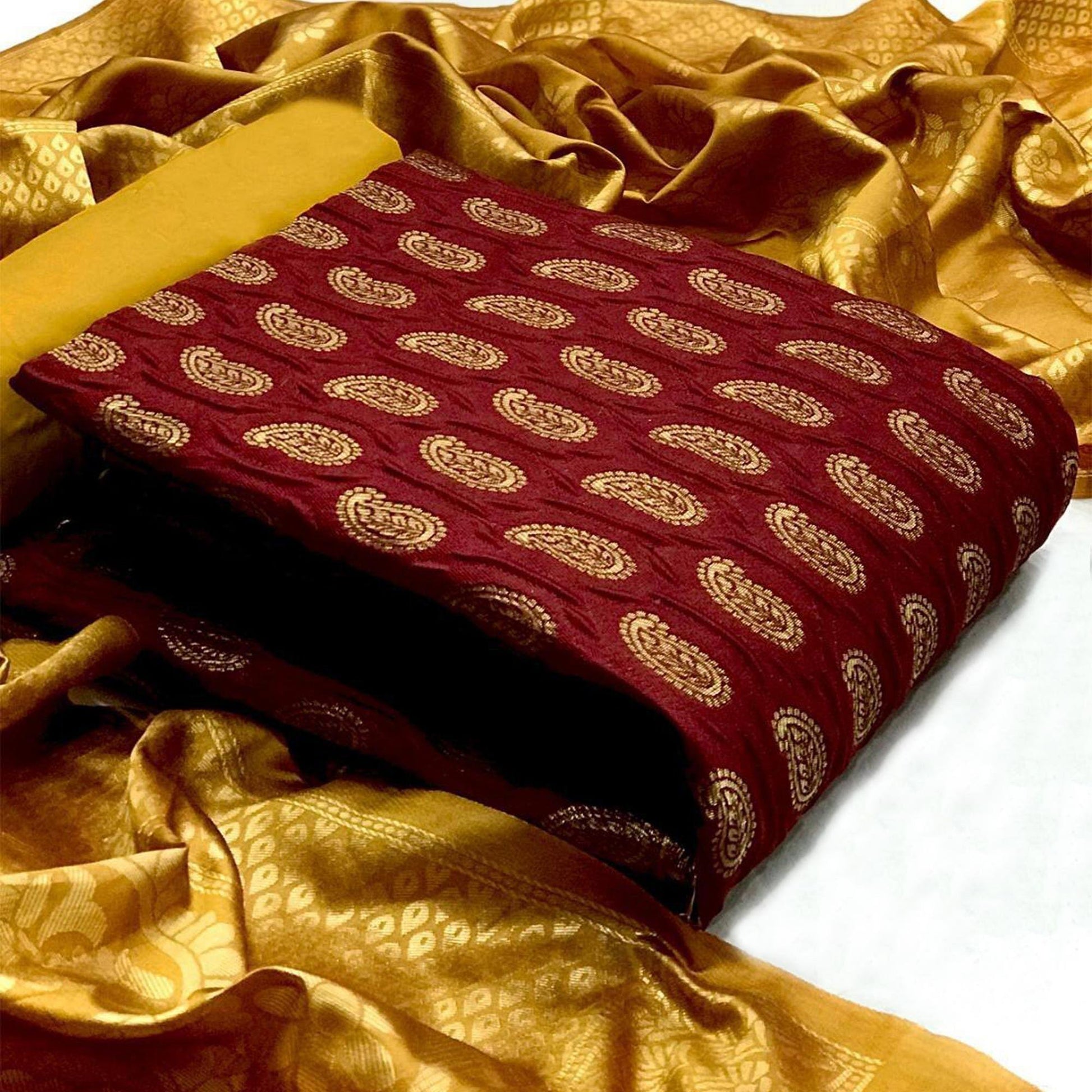 Maroon Paisley Woven Banarasi Silk Dress Material