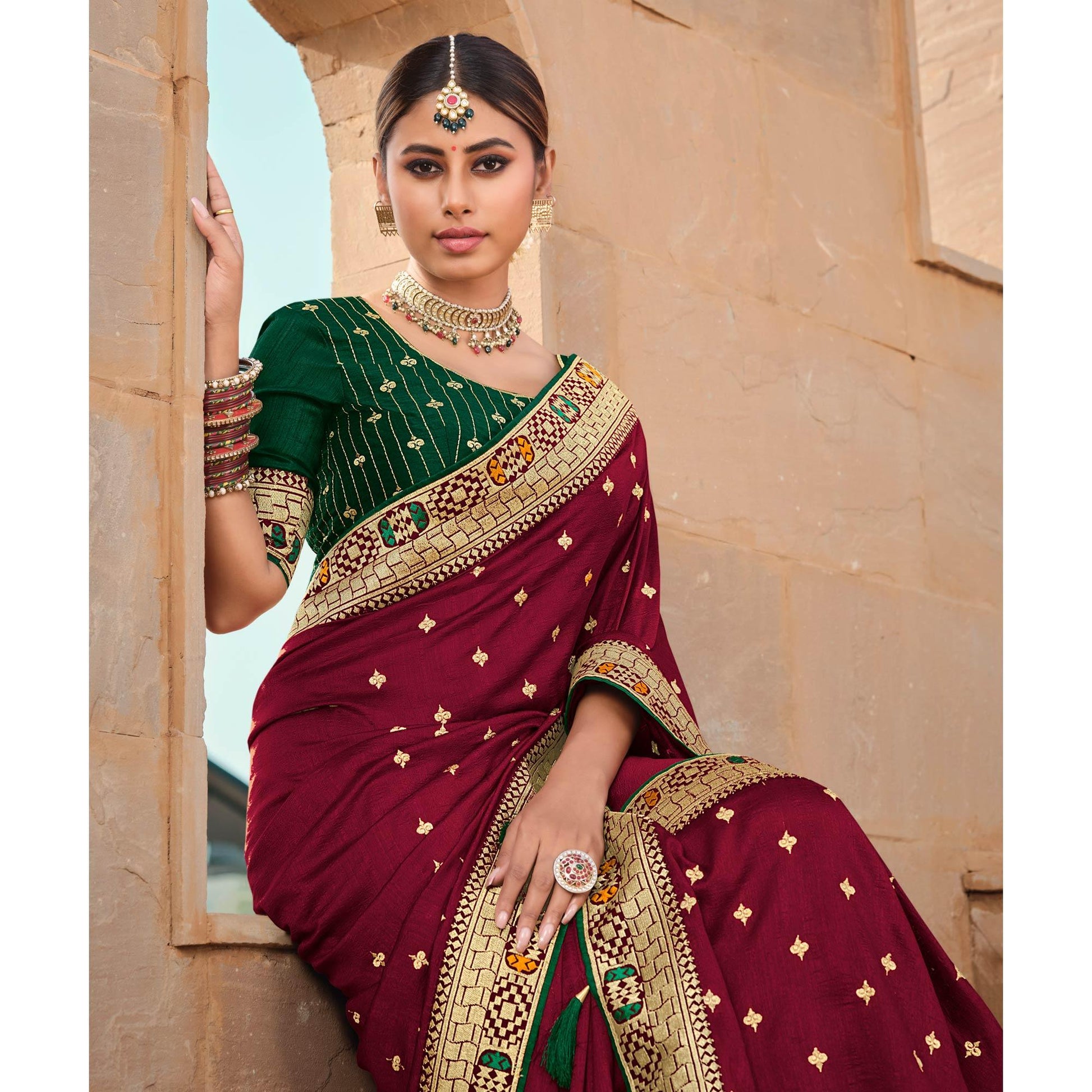 Maroon Party Wear Embroidered Art Silk Saree