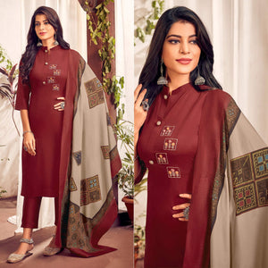 Maroon Party Wear Embroidered Cotton Kurti Pant Set With Dupatta