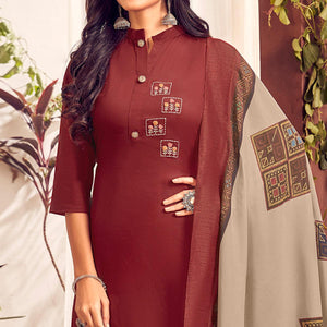 Maroon Party Wear Embroidered Cotton Kurti Pant Set With Dupatta