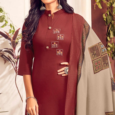Maroon Party Wear Embroidered Cotton Kurti Pant Set With Dupatta