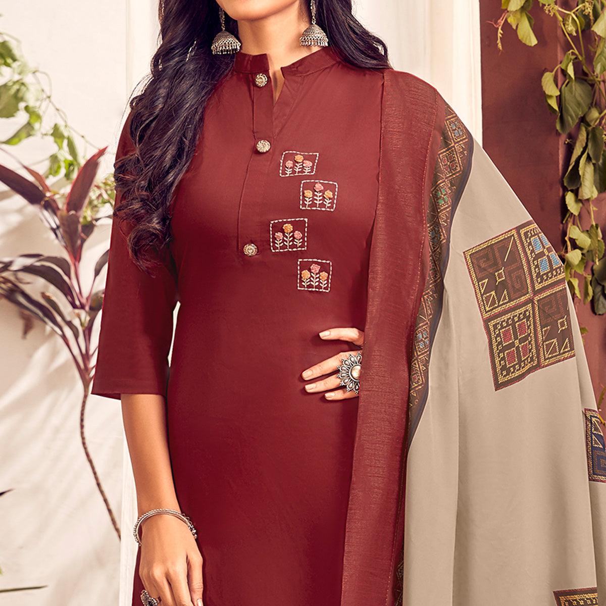Maroon Party Wear Embroidered Cotton Kurti Pant Set With Dupatta
