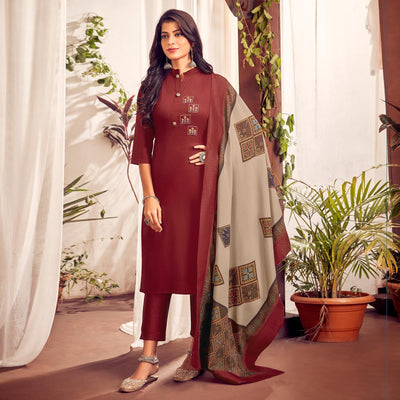 Maroon Party Wear Embroidered Cotton Kurti Pant Set With Dupatta