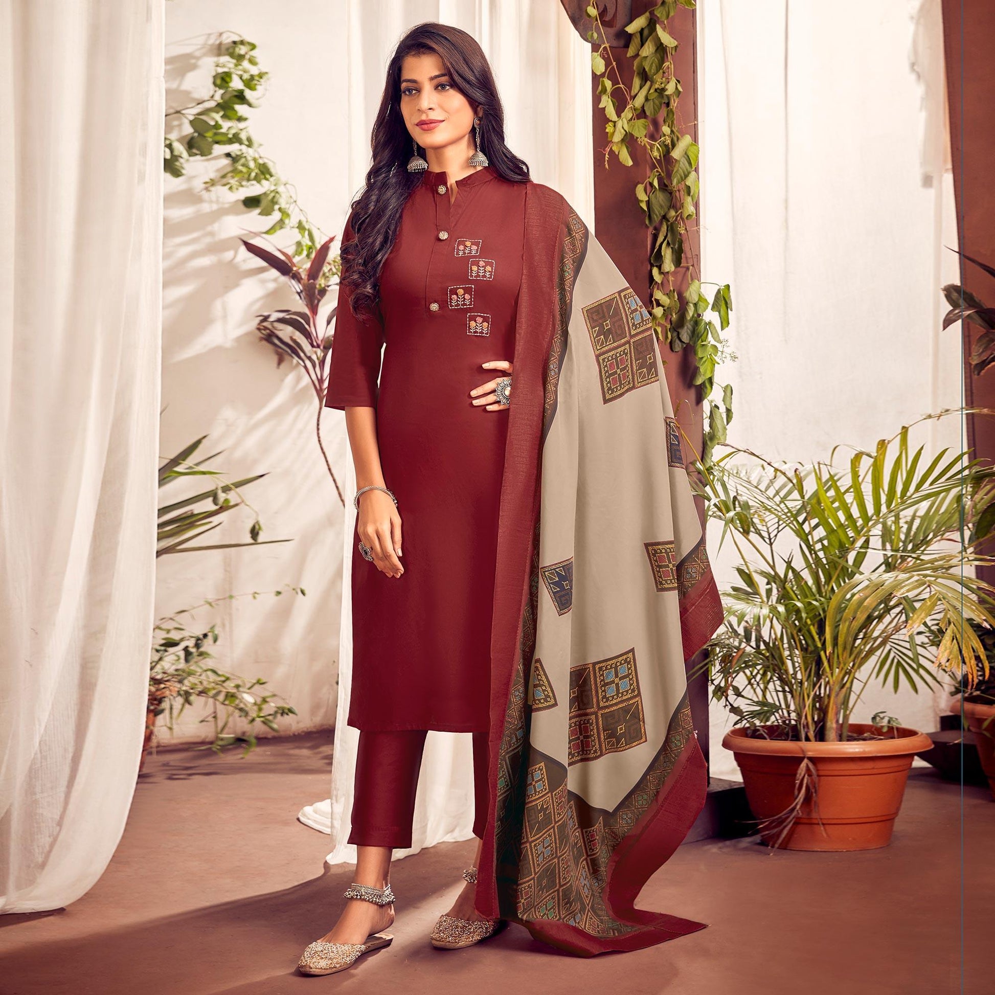 Maroon Party Wear Embroidered Cotton Kurti Pant Set With Dupatta