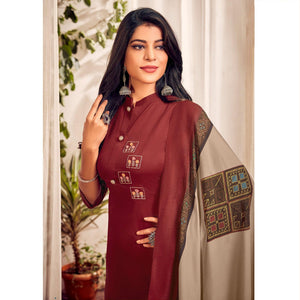 Maroon Party Wear Embroidered Cotton Kurti Pant Set With Dupatta