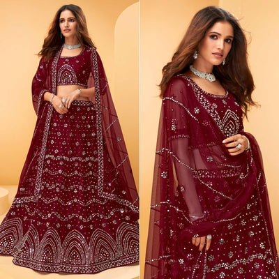 Maroon Party Wear Embroidered-Embellished Netted Lehenga Choli
