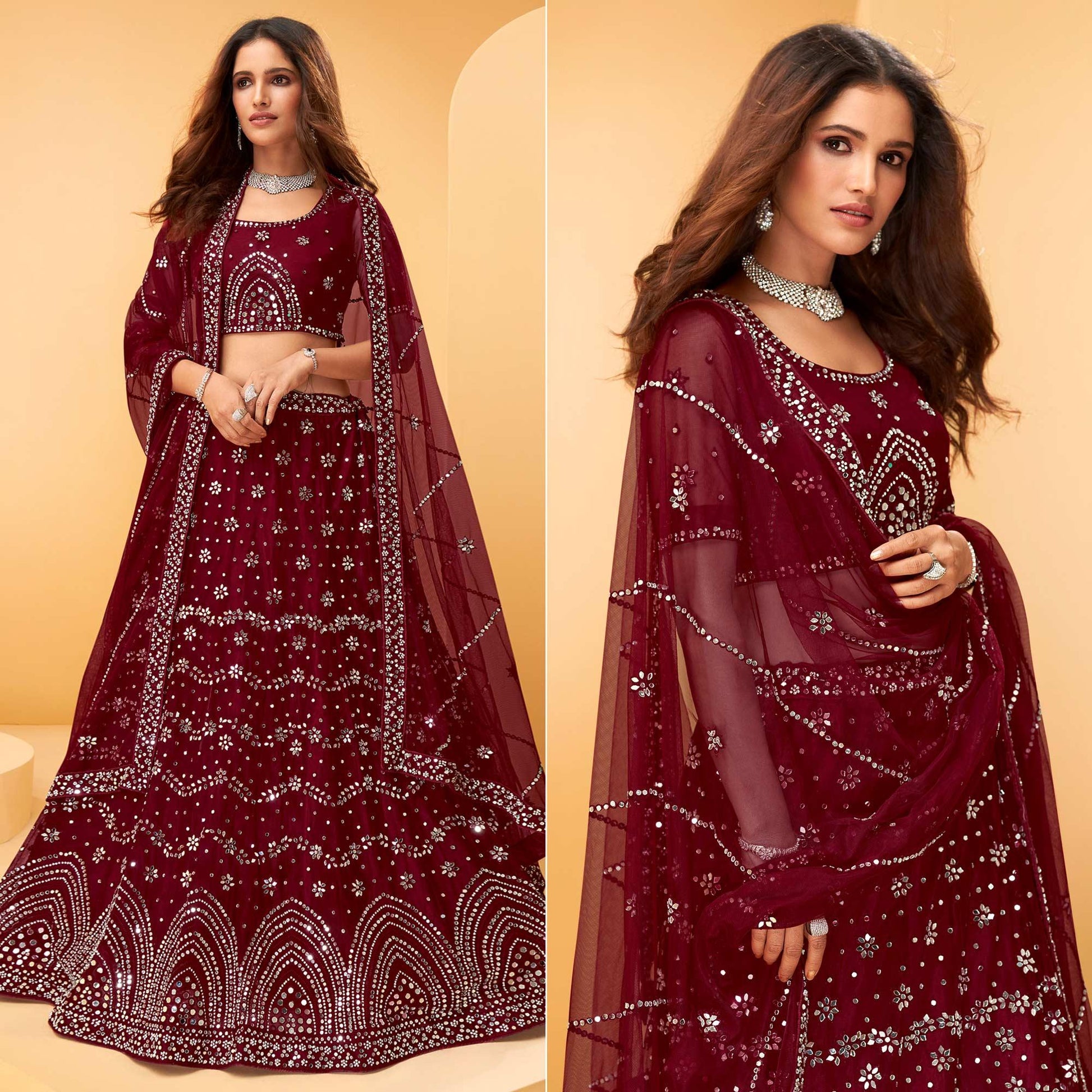 Maroon Party Wear Embroidered-Embellished Netted Lehenga Choli