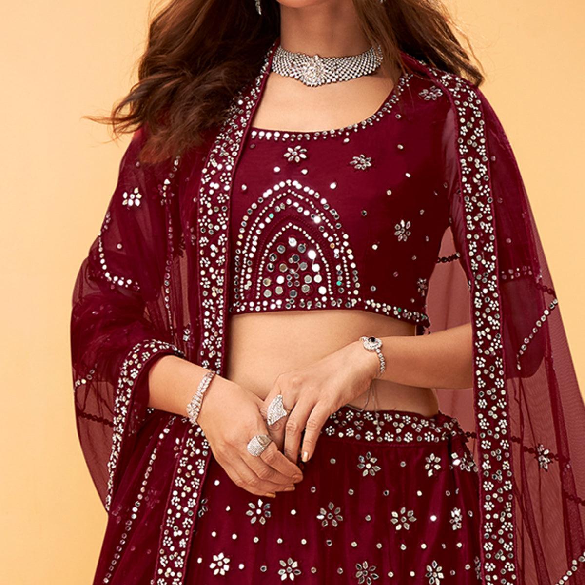 Maroon Party Wear Embroidered-Embellished Netted Lehenga Choli