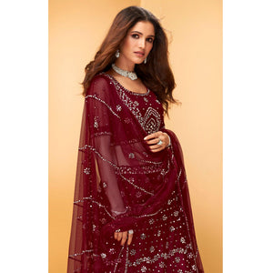 Maroon Party Wear Embroidered-Embellished Netted Lehenga Choli