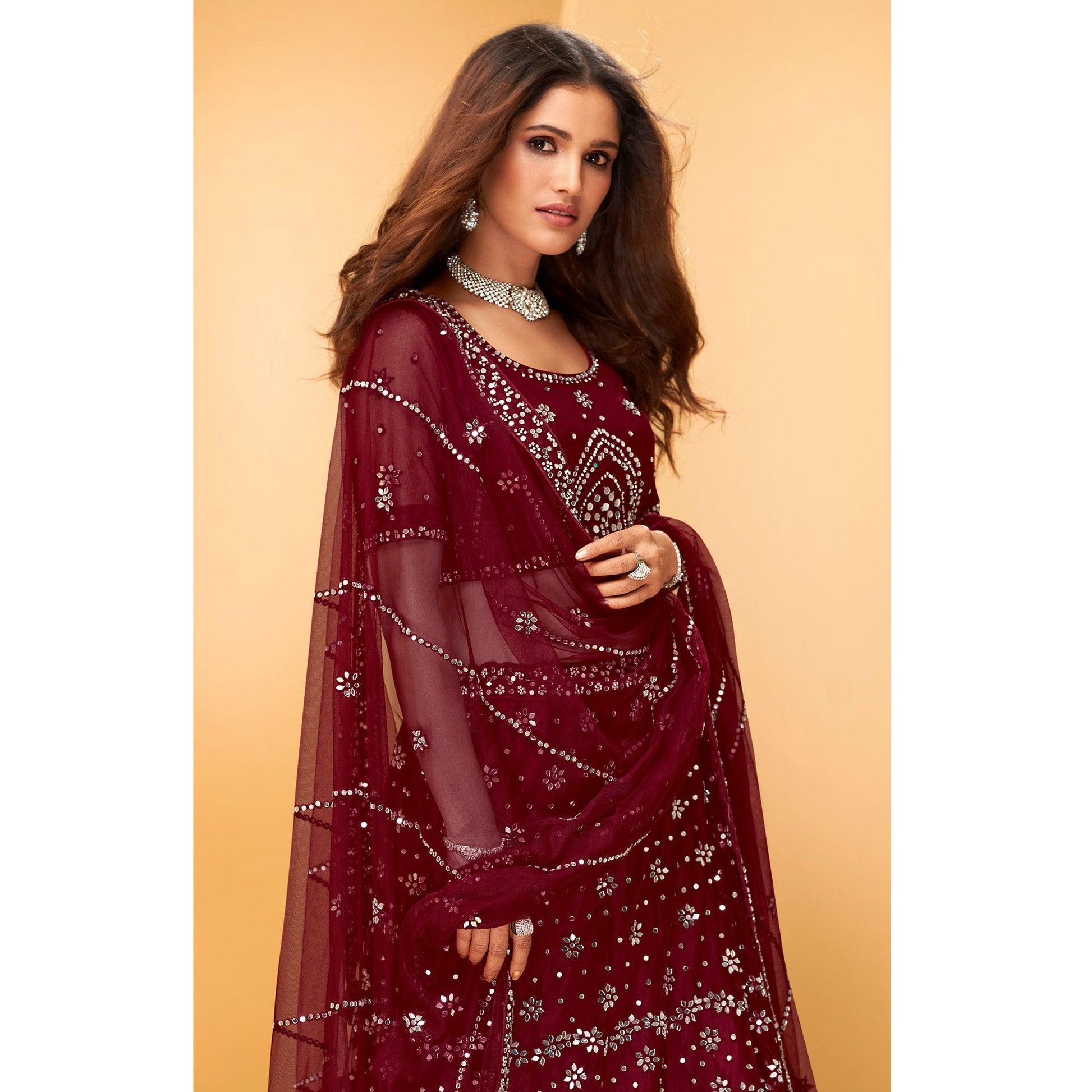 Maroon Party Wear Embroidered-Embellished Netted Lehenga Choli