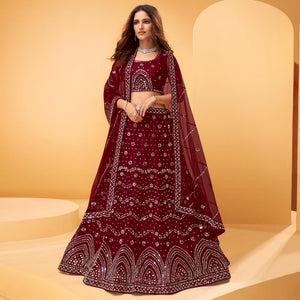 Maroon Party Wear Embroidered-Embellished Netted Lehenga Choli