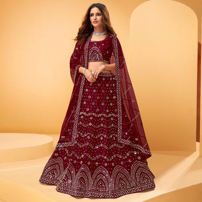 Maroon Party Wear Embroidered-Embellished Netted Lehenga Choli