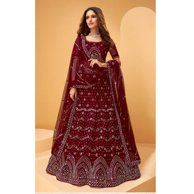 Maroon Party Wear Embroidered-Embellished Netted Lehenga Choli