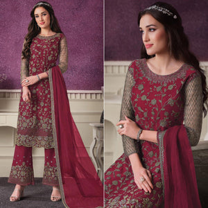 Maroon Party Wear Embroidered Netted Palazzo Suit
