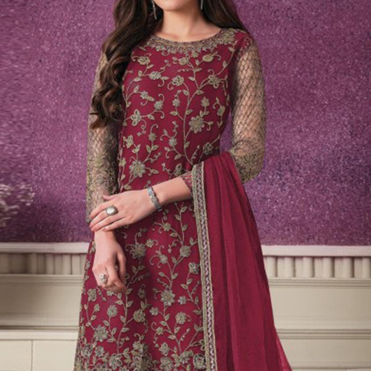 Maroon Party Wear Embroidered Netted Palazzo Suit