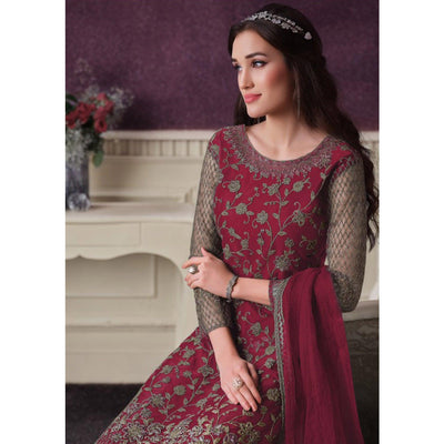 Maroon Party Wear Embroidered Netted Palazzo Suit