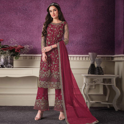 Maroon Party Wear Embroidered Netted Palazzo Suit