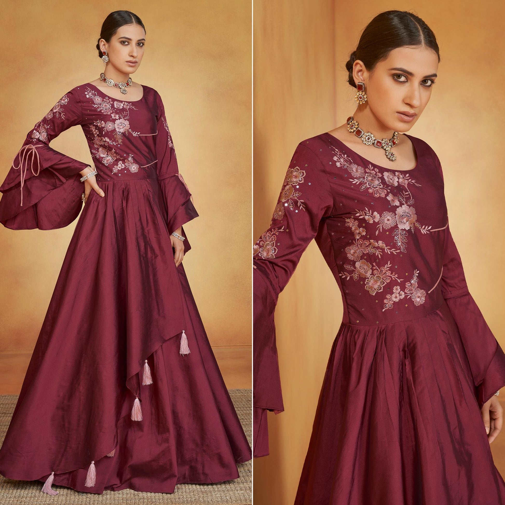 Maroon Party Wear Embroidered Tapetta Gown