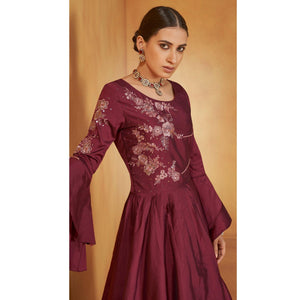 Maroon Party Wear Embroidered Tapetta Gown