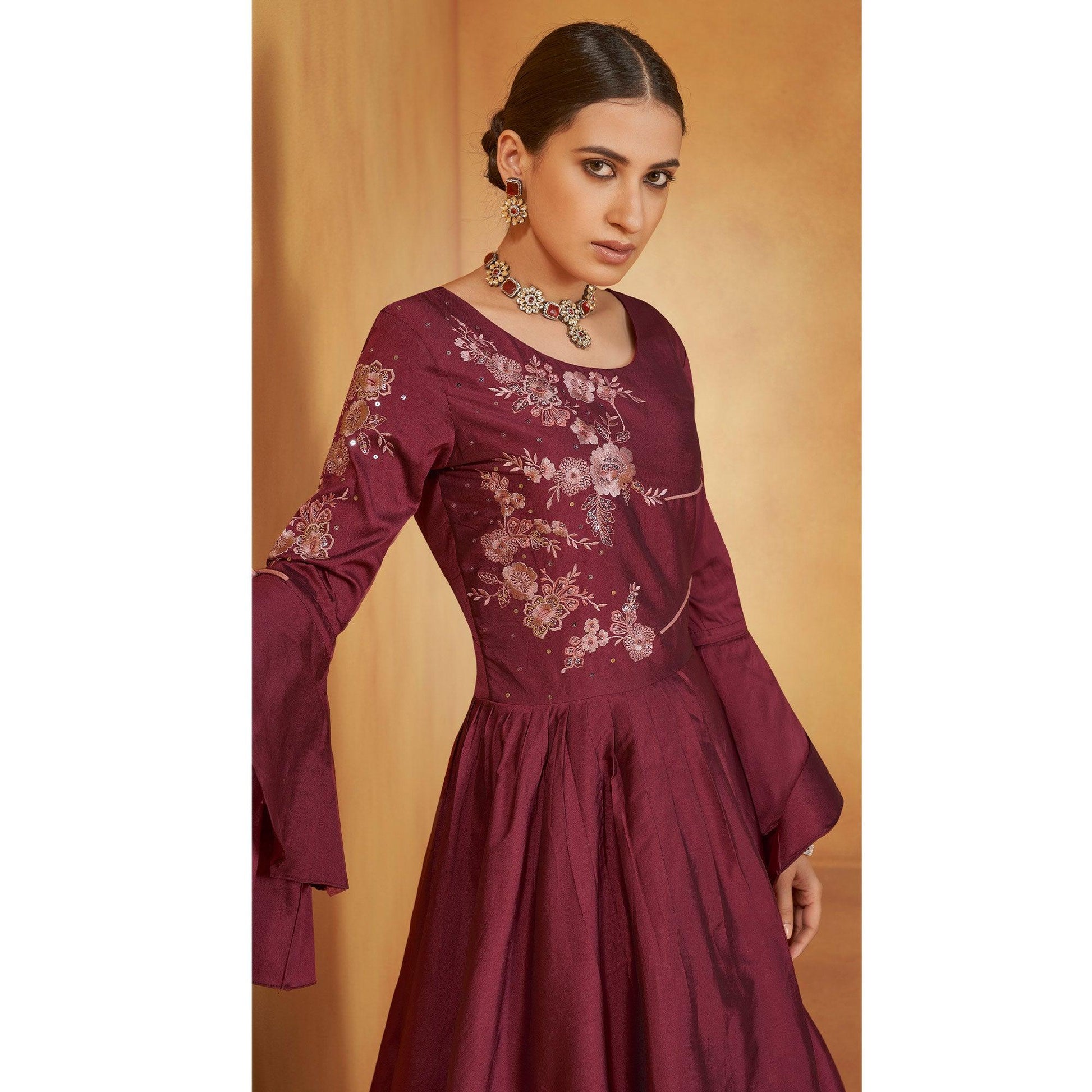 Maroon Party Wear Embroidered Tapetta Gown