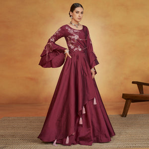 Maroon Party Wear Embroidered Tapetta Gown