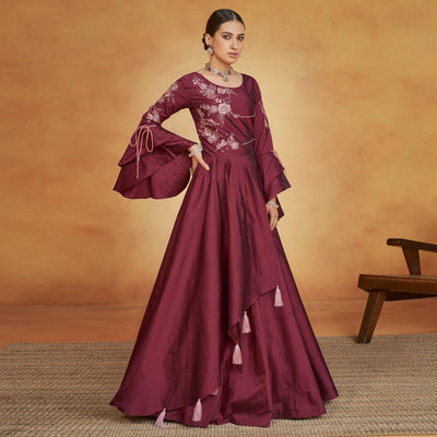 Maroon Party Wear Embroidered Tapetta Gown