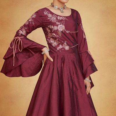 Maroon Party Wear Embroidered Tapetta Gown