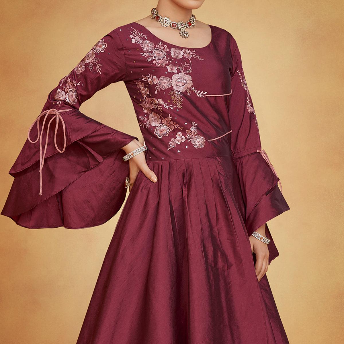 Maroon Party Wear Embroidered Tapetta Gown