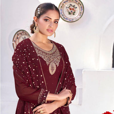 Maroon Party Wear Heavy Embroidered Georgette Suit