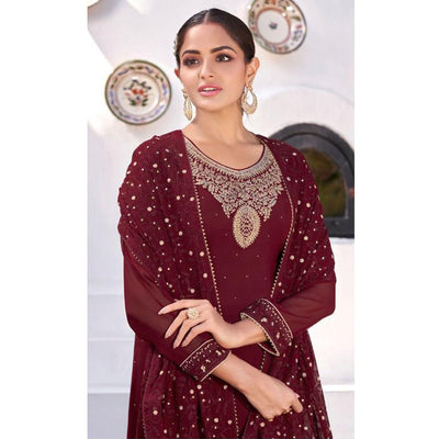 Maroon Party Wear Heavy Embroidered Georgette Suit
