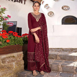 Maroon Party Wear Heavy Embroidered Georgette Suit