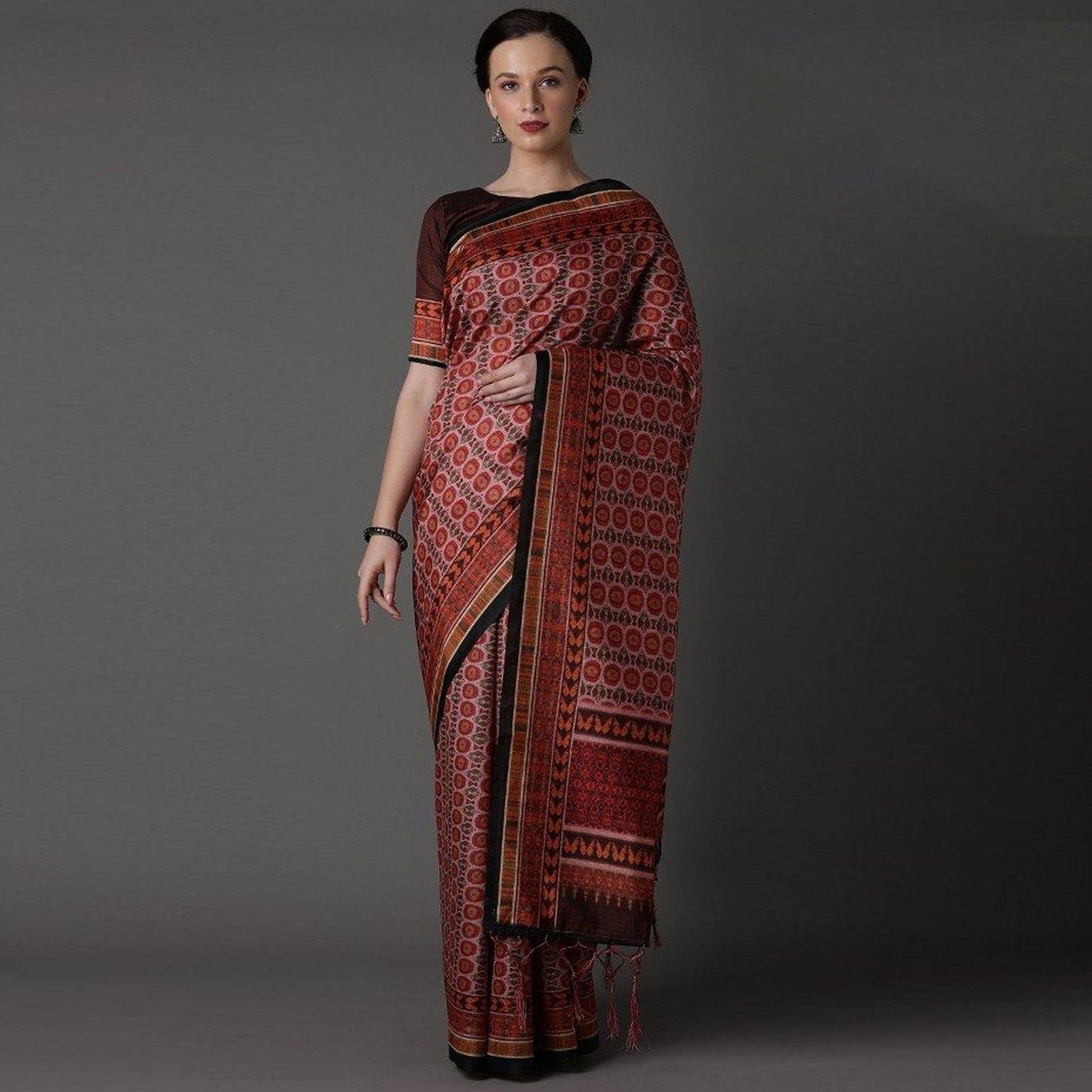 Maroon Party Wear Satin Printed Saree With Unstitched Blouse