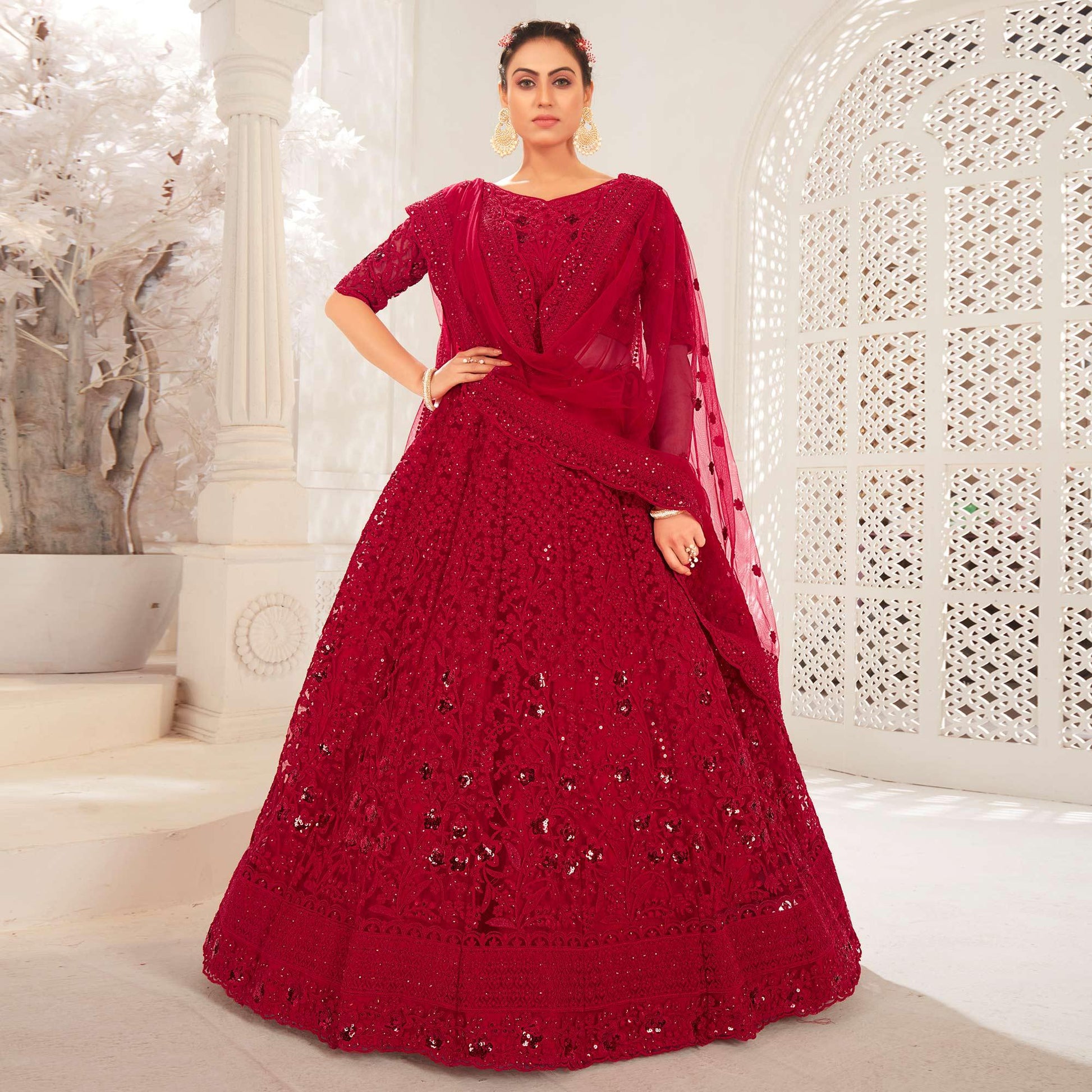 Maroon Partywear Cording Embroidery With Embellished Net Lehenga Choli