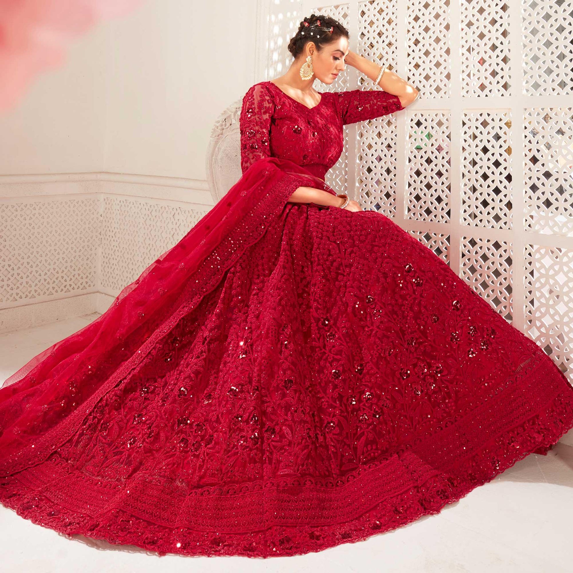 Maroon Partywear Cording Embroidery With Embellished Net Lehenga Choli