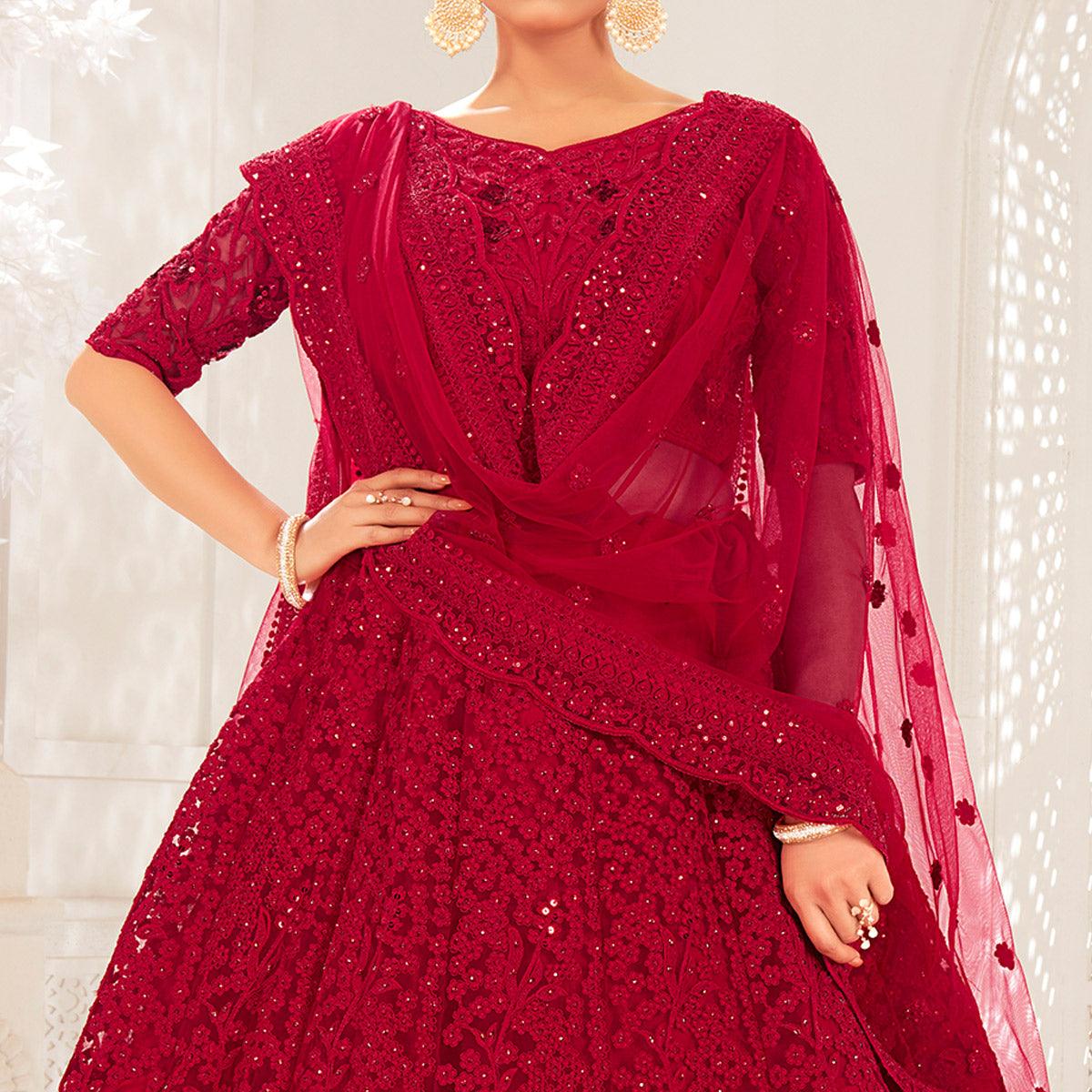 Maroon Partywear Cording Embroidery With Embellished Net Lehenga Choli