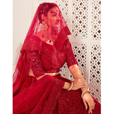 Maroon Partywear Cording Embroidery With Embellished Net Lehenga Choli