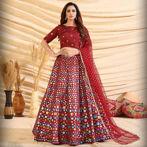 Maroon Partywear Designer Pigment Foil Printed Tafetta Silk Lehenga Choli