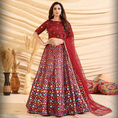 Maroon Partywear Designer Pigment Foil Printed Tafetta Silk Lehenga Choli