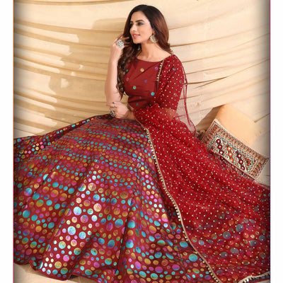 Maroon Partywear Designer Pigment Foil Printed Tafetta Silk Lehenga Choli